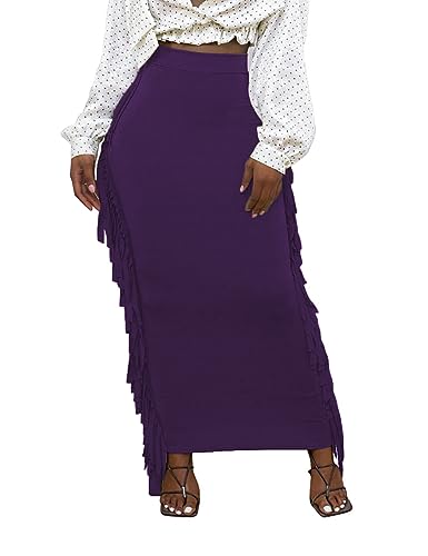 Lrady Women Fringe High Waist Bodycon Side Tassels Pencil Maxi Skirt Casual Party Club Long Skirts Black XXL