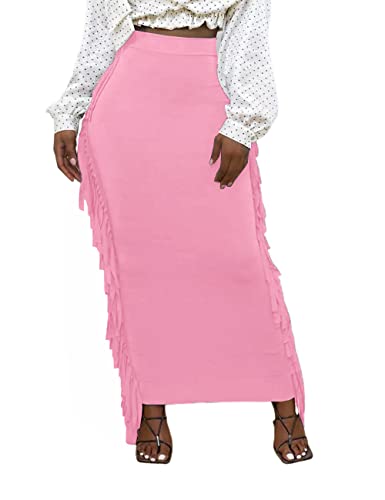 Lrady Women Fringe High Waist Bodycon Side Tassels Pencil Maxi Skirt Casual Party Club Long Skirts Black XXL