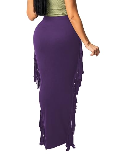 Lrady Women Fringe High Waist Bodycon Side Tassels Pencil Maxi Skirt Casual Party Club Long Skirts Black XXL