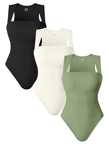 OQQ 3 Piece Bodysuits For Women Sexy Ribbed Strappy Square Neck Stretch Tank Tops Bodysuits Black Coffee White