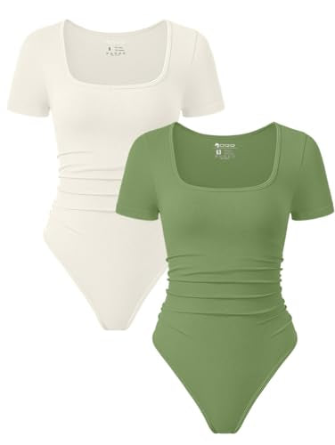 OQQ Women 2 Piece Bodysuits Sexy Ribbed Rueched Stretch Short Sleeve Square Neck Basic Shirts Bodysuits Black Tea leaf