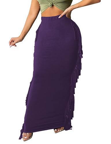 Lrady Women Fringe High Waist Bodycon Side Tassels Pencil Maxi Skirt Casual Party Club Long Skirts Black XXL