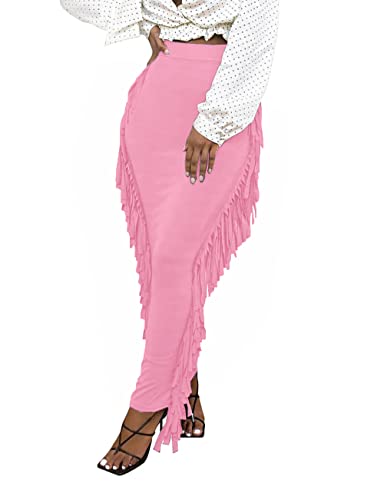 Lrady Women Fringe High Waist Bodycon Side Tassels Pencil Maxi Skirt Casual Party Club Long Skirts Black XXL