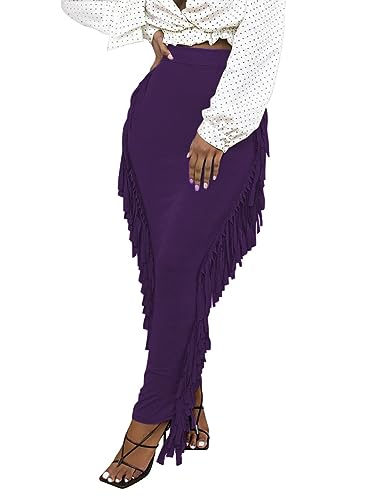 Lrady Women Fringe High Waist Bodycon Side Tassels Pencil Maxi Skirt Casual Party Club Long Skirts Black XXL