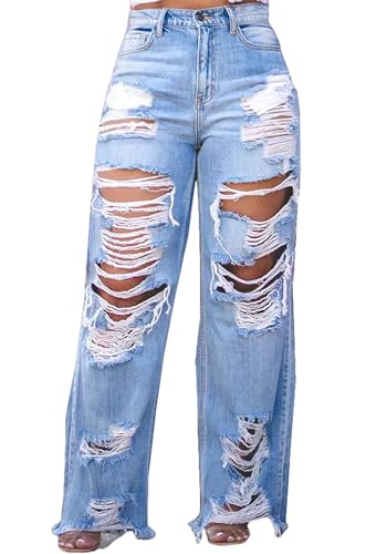 SHINFY Women's Ripped Jeans Distressed Cutout High Waisted Baggy Straight Wide Leg Y2K Denim Pants Light Blue