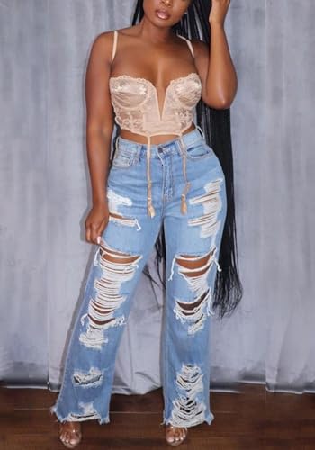 SHINFY Women's Ripped Jeans Distressed Cutout High Waisted Baggy Straight Wide Leg Y2K Denim Pants Light Blue