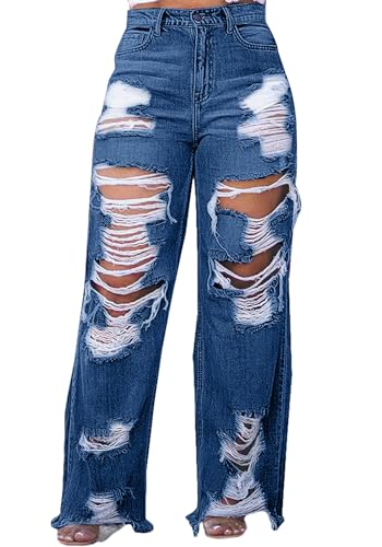 SHINFY Women's Ripped Jeans Distressed Cutout High Waisted Baggy Straight Wide Leg Y2K Denim Pants Light Blue