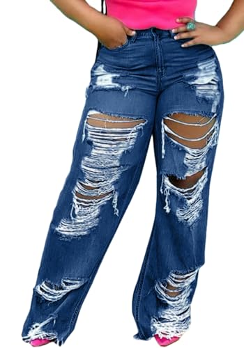 SHINFY Women's Ripped Jeans Distressed Cutout High Waisted Baggy Straight Wide Leg Y2K Denim Pants Light Blue