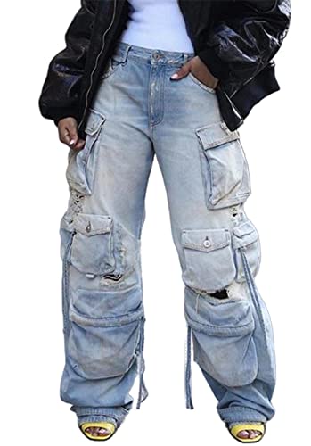 Lucuna Women's Cargo Pants Y2K High Waist Baggy Jeans Flap Pocket Loose Denim Pants Streetwear