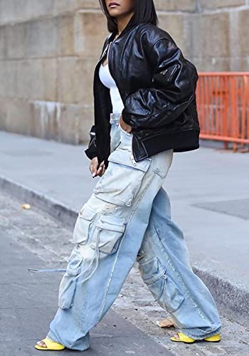Lucuna Women's Cargo Pants Y2K High Waist Baggy Jeans Flap Pocket Loose Denim Pants Streetwear