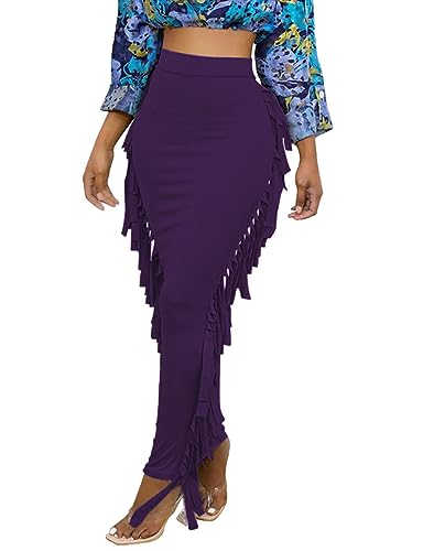 Lrady Women Fringe High Waist Bodycon Side Tassels Pencil Maxi Skirt Casual Party Club Long Skirts Black XXL