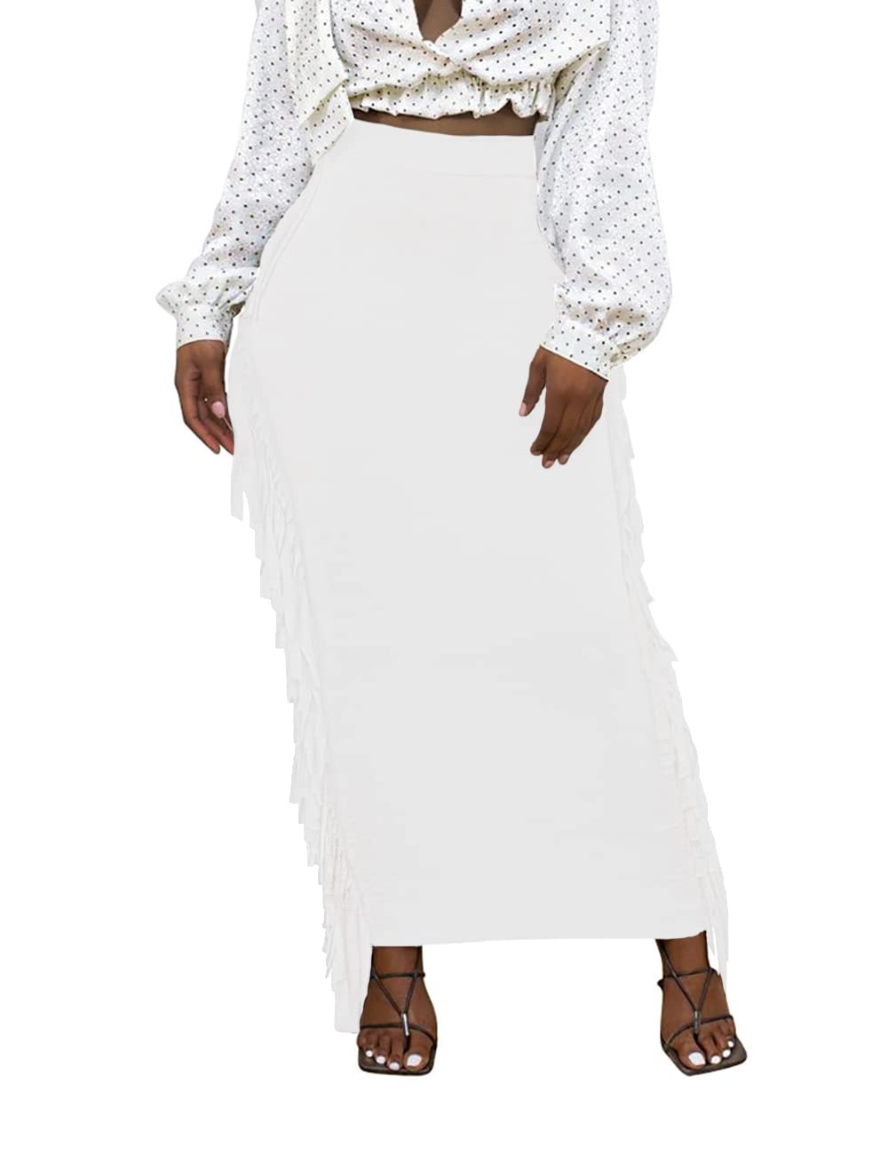 Lrady Women Fringe High Waist Bodycon Side Tassels Pencil Maxi Skirt Casual Party Club Long Skirts Black XXL