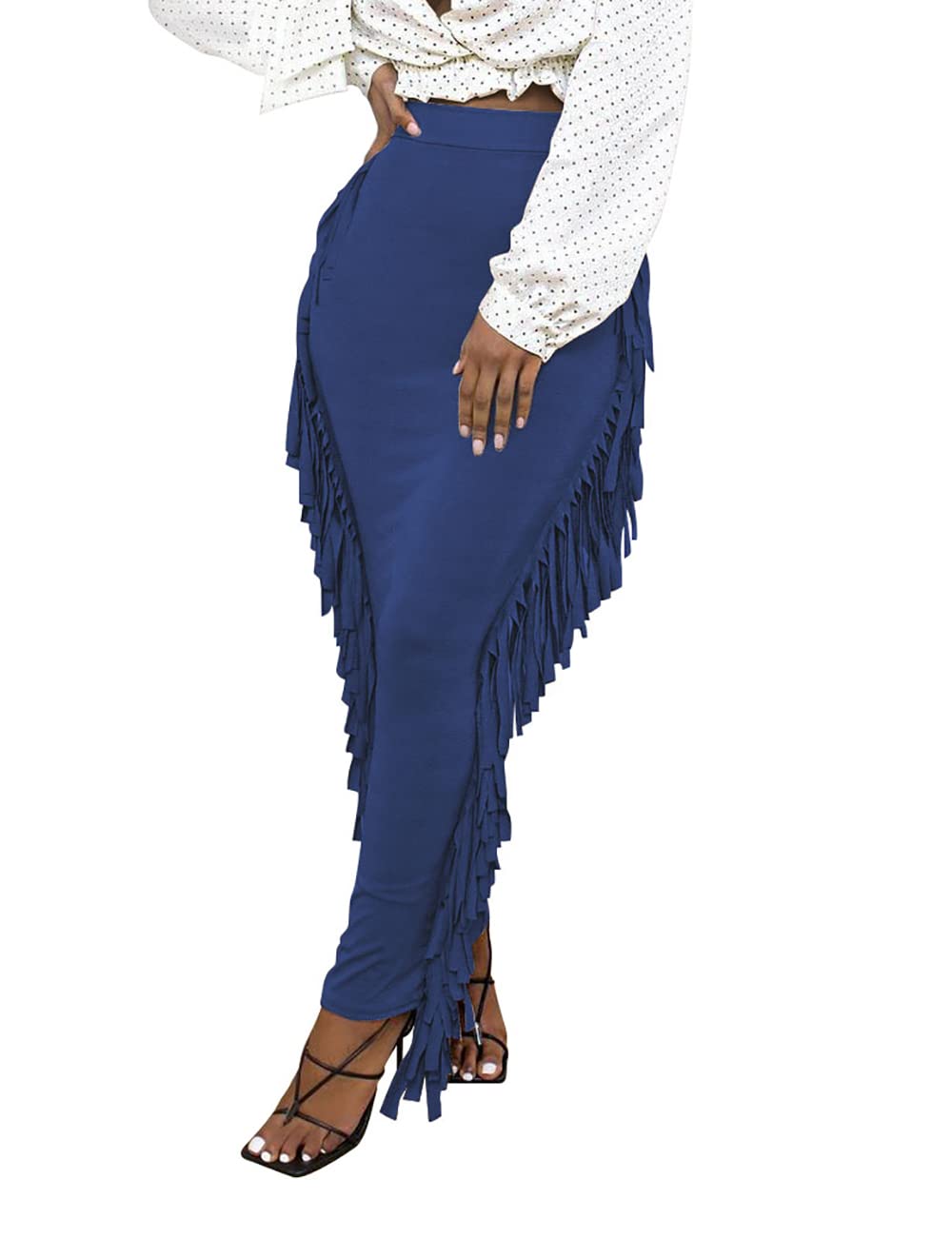 Lrady Women Fringe High Waist Bodycon Side Tassels Pencil Maxi Skirt Casual Party Club Long Skirts Black XXL