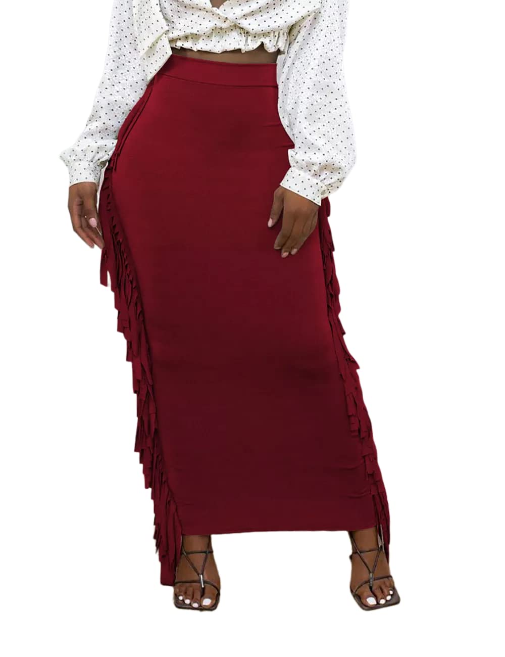 Lrady Women Fringe High Waist Bodycon Side Tassels Pencil Maxi Skirt Casual Party Club Long Skirts Black XXL