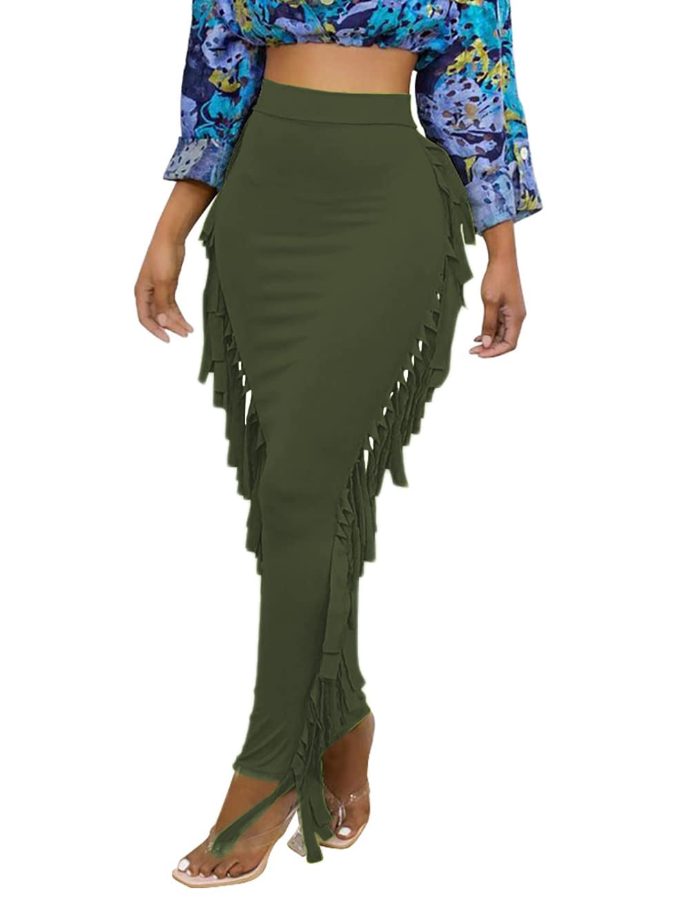 Lrady Women Fringe High Waist Bodycon Side Tassels Pencil Maxi Skirt Casual Party Club Long Skirts Black XXL
