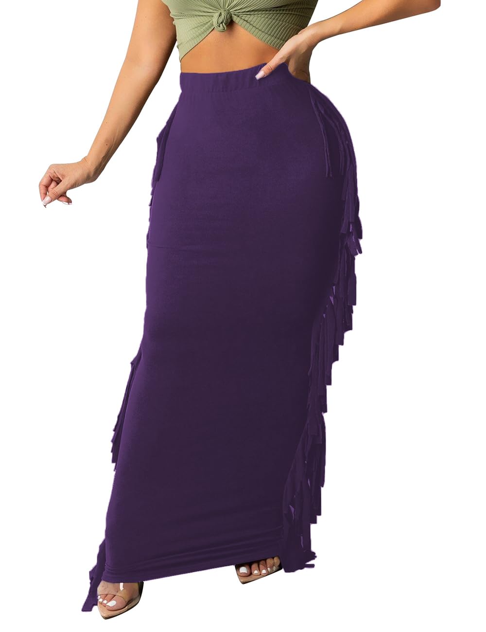 Lrady Women Fringe High Waist Bodycon Side Tassels Pencil Maxi Skirt Casual Party Club Long Skirts Black XXL