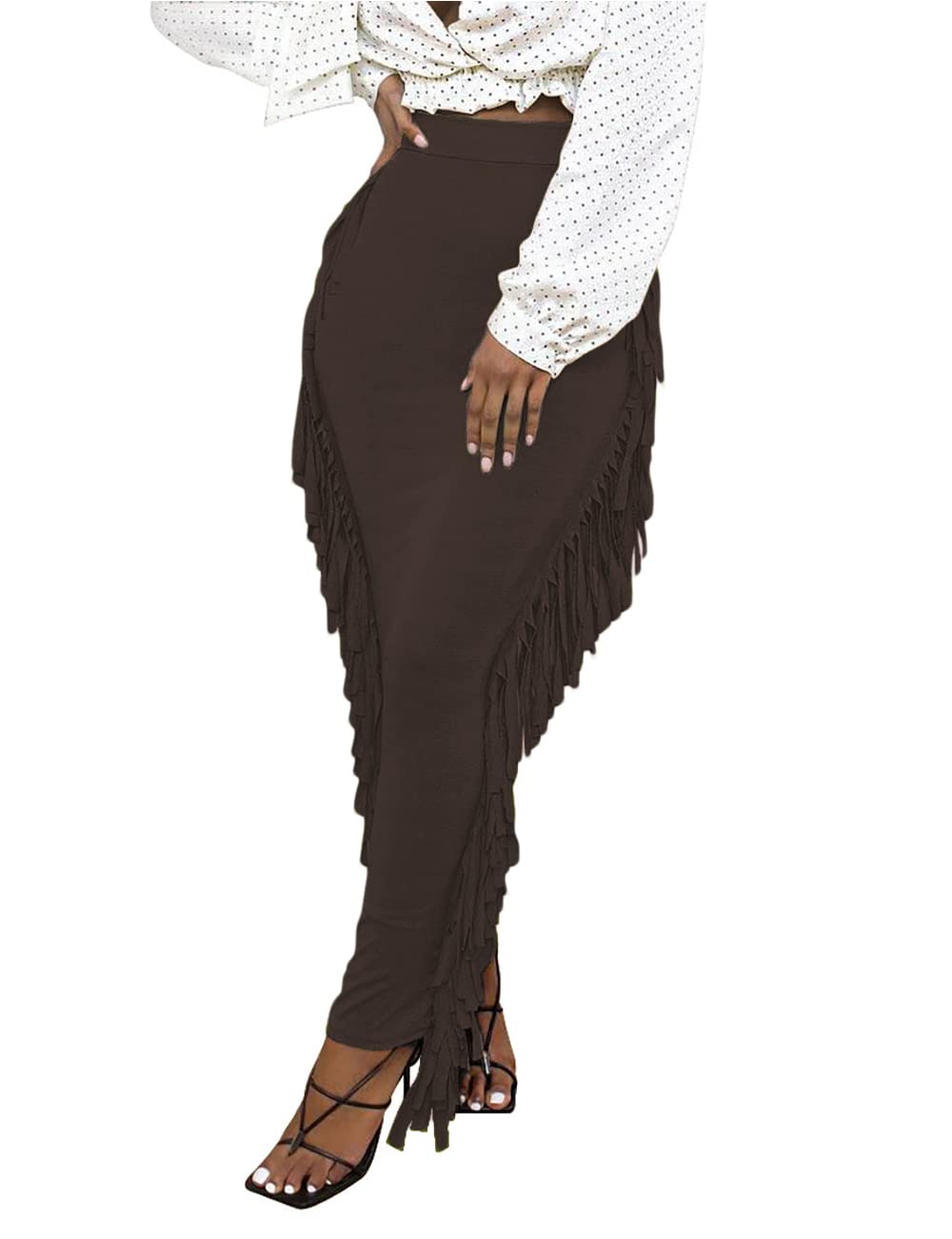 Lrady Women Fringe High Waist Bodycon Side Tassels Pencil Maxi Skirt Casual Party Club Long Skirts Black XXL