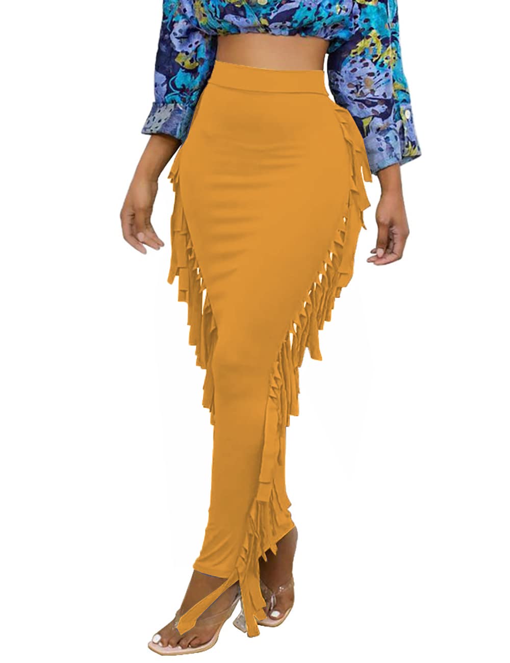Lrady Women Fringe High Waist Bodycon Side Tassels Pencil Maxi Skirt Casual Party Club Long Skirts Black XXL