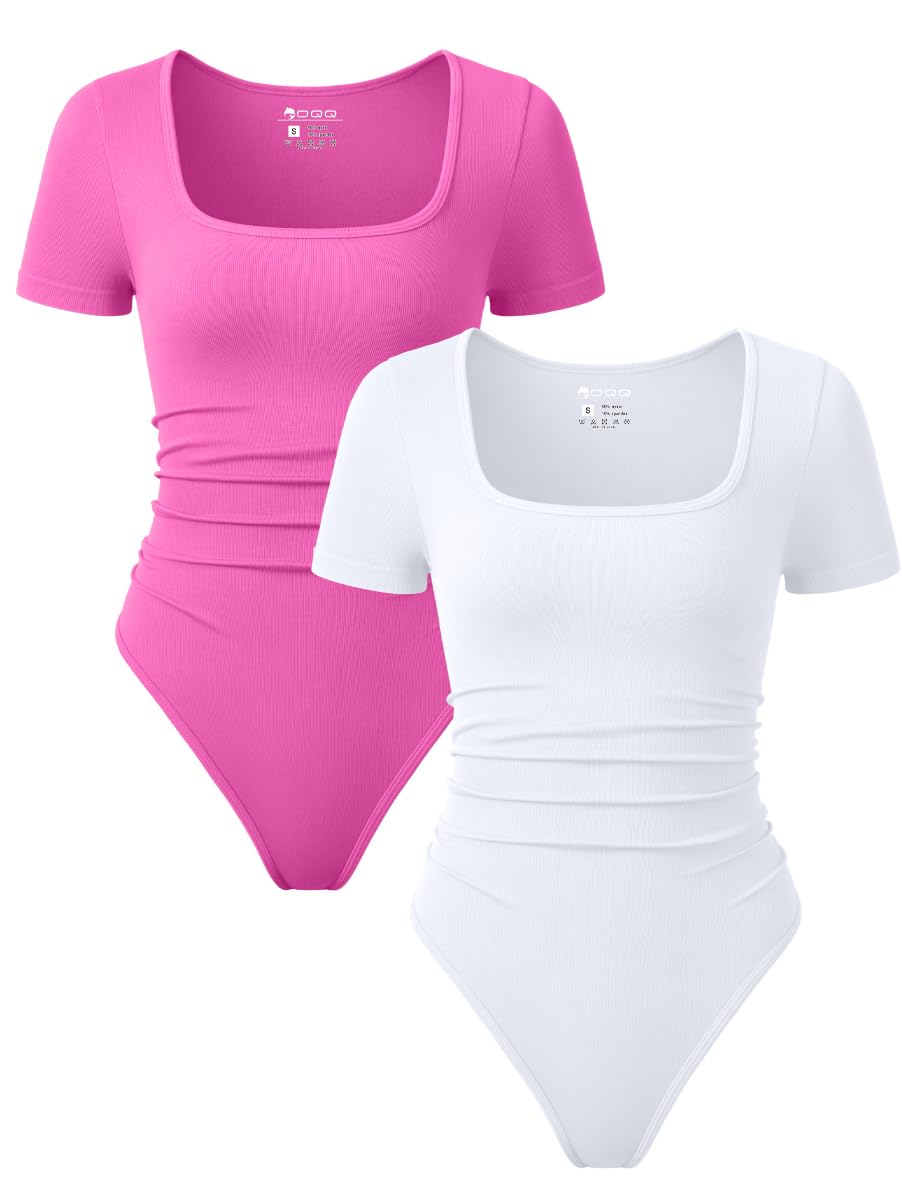 OQQ Women 2 Piece Bodysuits Sexy Ribbed Rueched Stretch Short Sleeve Square Neck Basic Shirts Bodysuits Black Tea leaf
