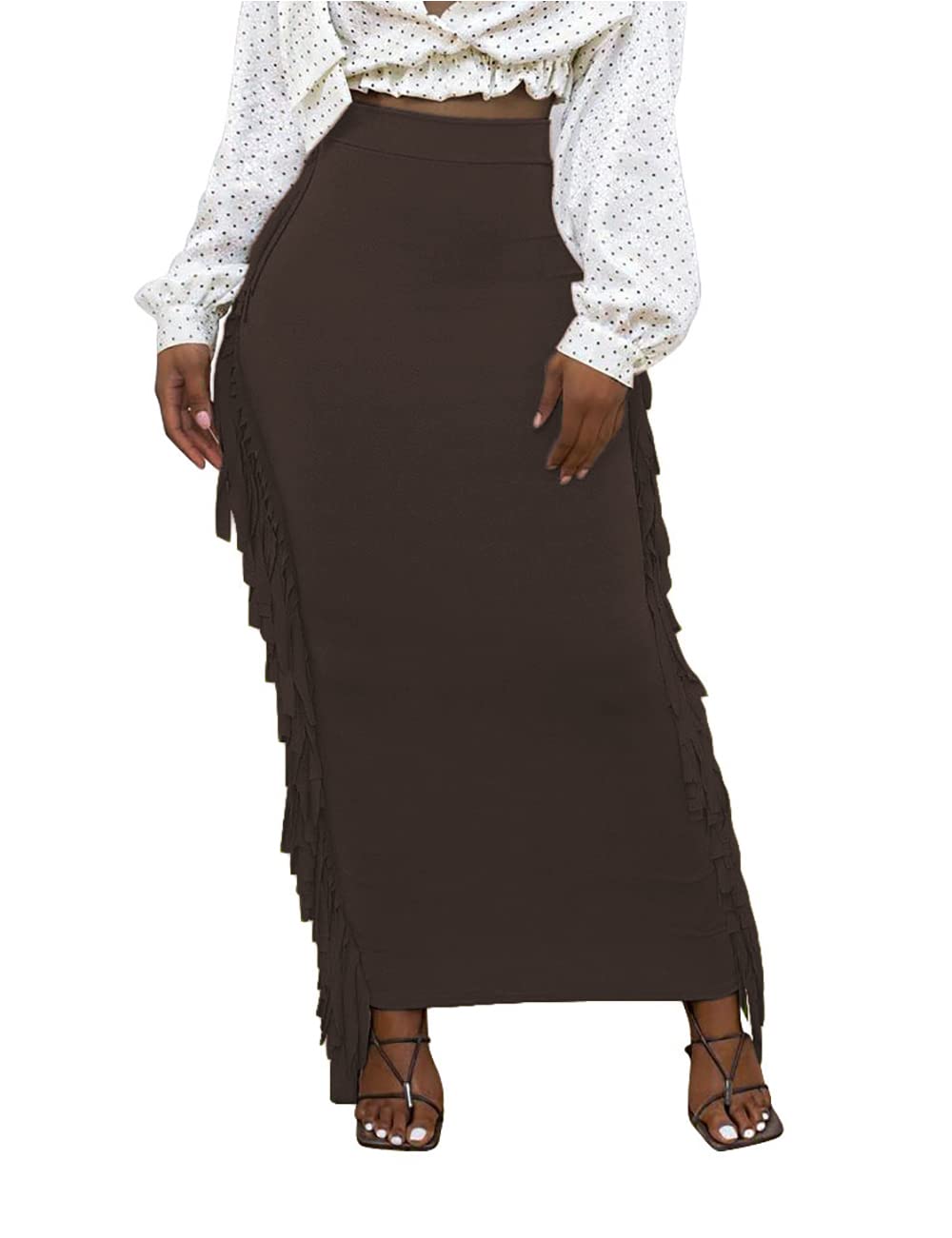 Lrady Women Fringe High Waist Bodycon Side Tassels Pencil Maxi Skirt Casual Party Club Long Skirts Black XXL