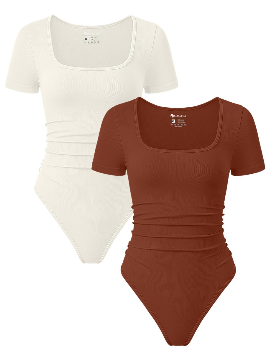 OQQ Women 2 Piece Bodysuits Sexy Ribbed Rueched Stretch Short Sleeve Square Neck Basic Shirts Bodysuits Black Tea leaf