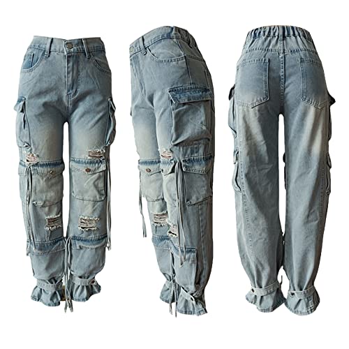 Lucuna Women's Cargo Pants Y2K High Waist Baggy Jeans Flap Pocket Loose Denim Pants Streetwear