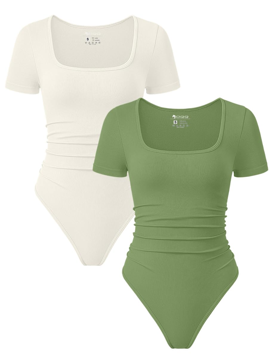 OQQ Women 2 Piece Bodysuits Sexy Ribbed Rueched Stretch Short Sleeve Square Neck Basic Shirts Bodysuits Black Tea leaf