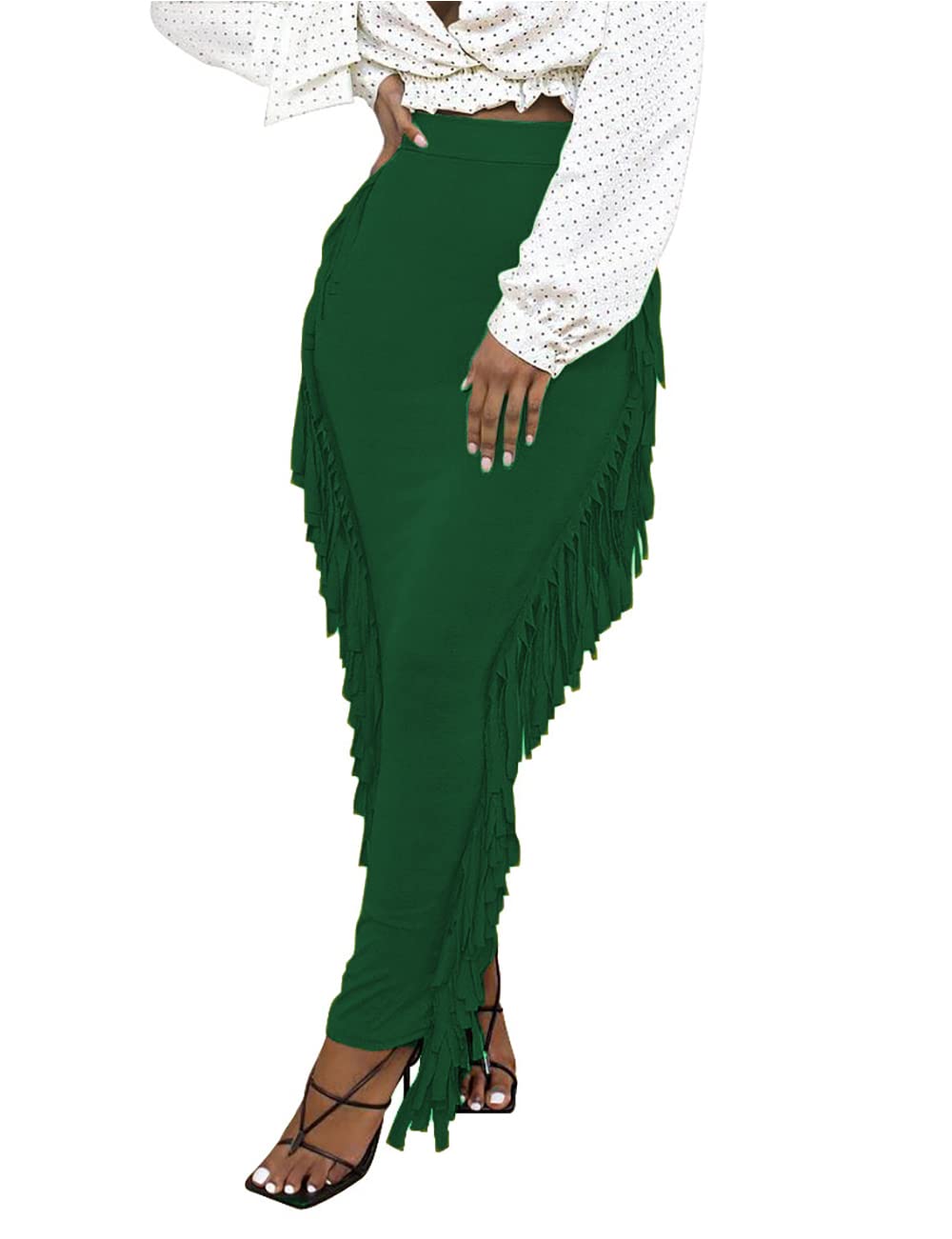 Lrady Women Fringe High Waist Bodycon Side Tassels Pencil Maxi Skirt Casual Party Club Long Skirts Black XXL