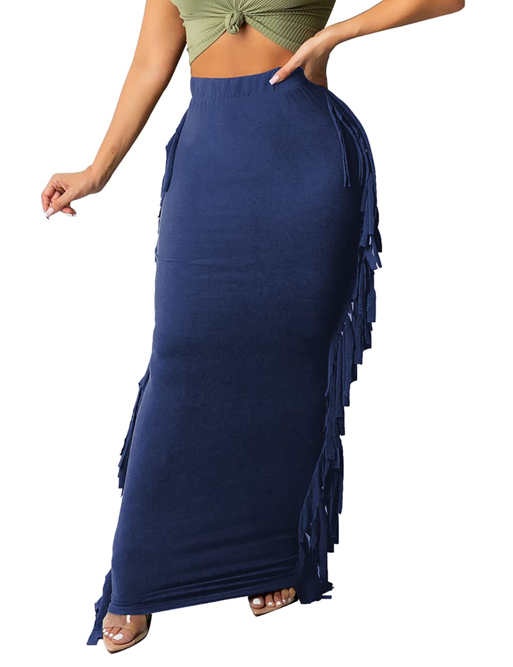Lrady Women Fringe High Waist Bodycon Side Tassels Pencil Maxi Skirt Casual Party Club Long Skirts Black XXL