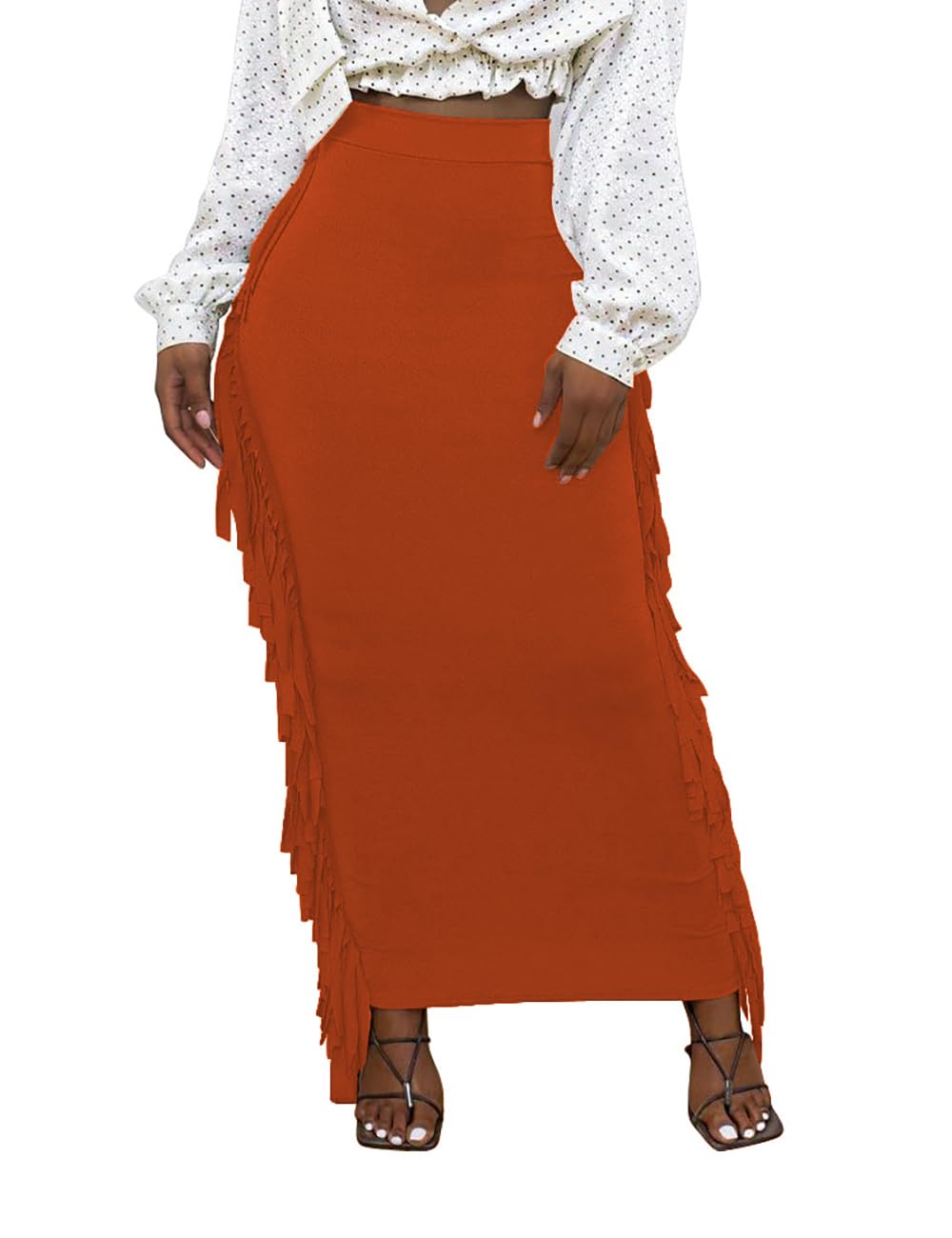 Lrady Women Fringe High Waist Bodycon Side Tassels Pencil Maxi Skirt Casual Party Club Long Skirts Black XXL