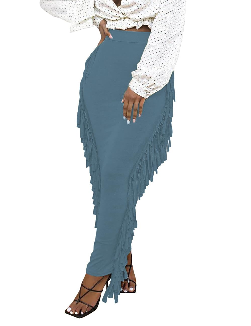 Lrady Women Fringe High Waist Bodycon Side Tassels Pencil Maxi Skirt Casual Party Club Long Skirts Black XXL