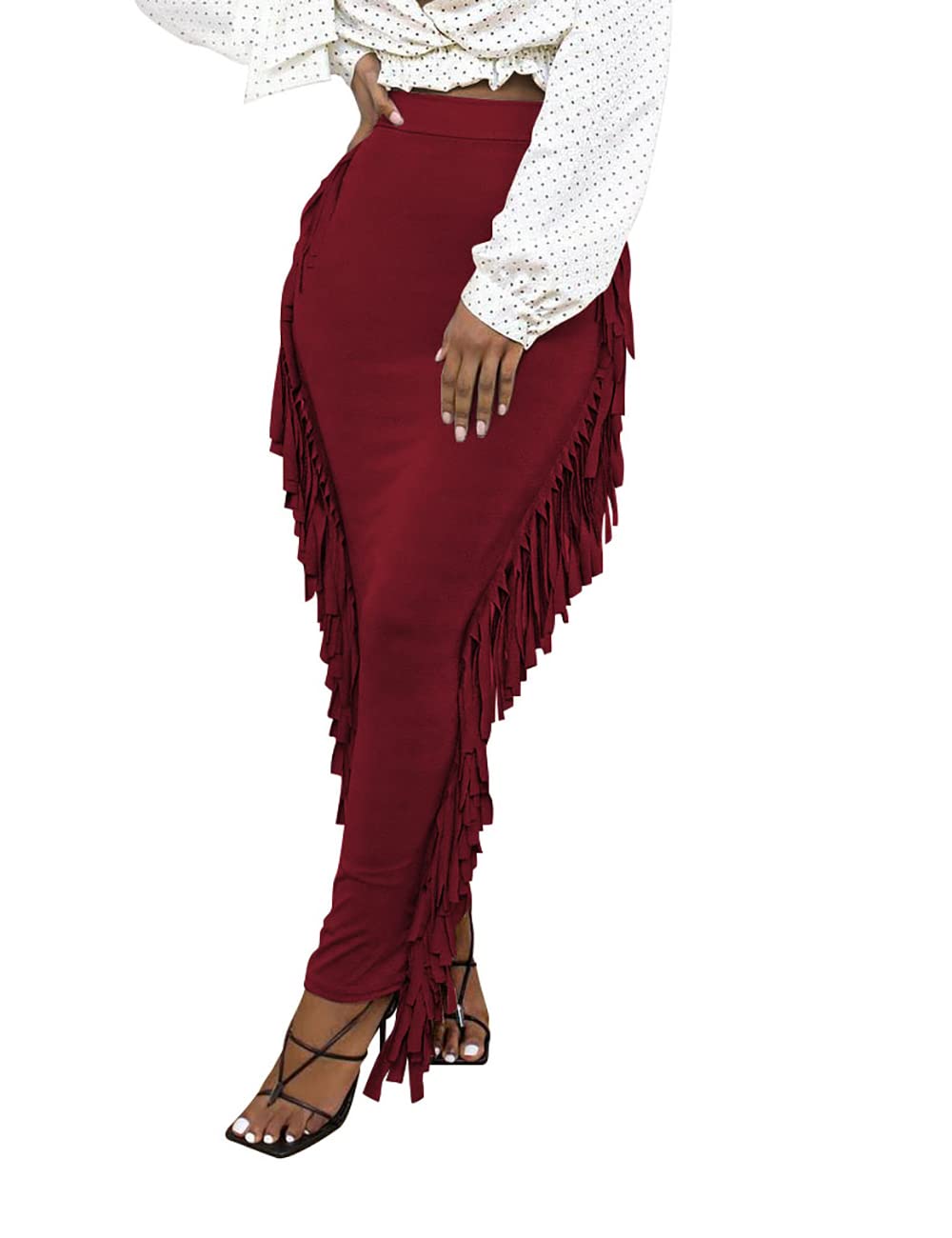 Lrady Women Fringe High Waist Bodycon Side Tassels Pencil Maxi Skirt Casual Party Club Long Skirts Black XXL