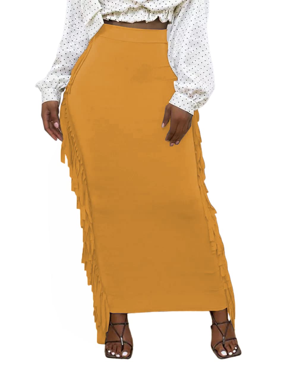 Lrady Women Fringe High Waist Bodycon Side Tassels Pencil Maxi Skirt Casual Party Club Long Skirts Black XXL