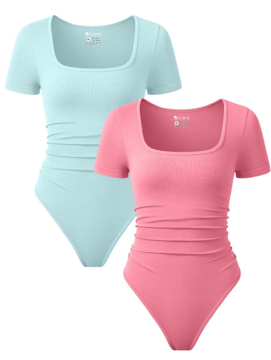 OQQ Women 2 Piece Bodysuits Sexy Ribbed Rueched Stretch Short Sleeve Square Neck Basic Shirts Bodysuits Black Tea leaf