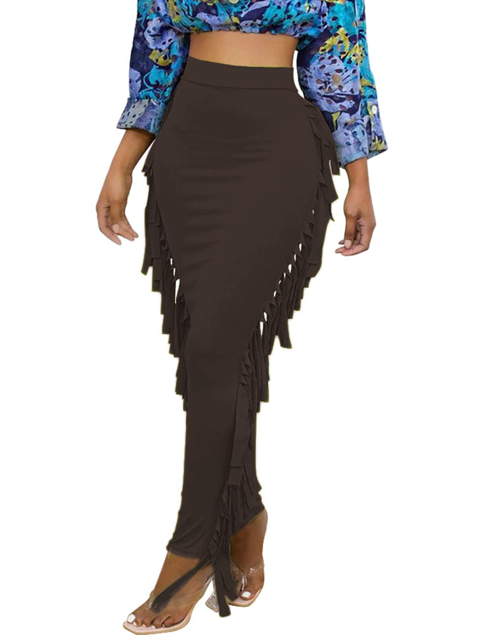 Lrady Women Fringe High Waist Bodycon Side Tassels Pencil Maxi Skirt Casual Party Club Long Skirts Black XXL