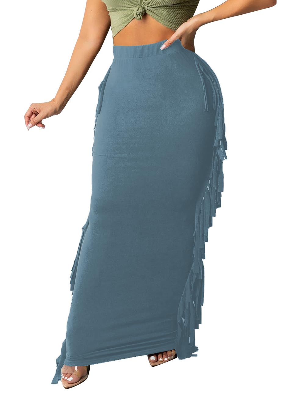 Lrady Women Fringe High Waist Bodycon Side Tassels Pencil Maxi Skirt Casual Party Club Long Skirts Black XXL