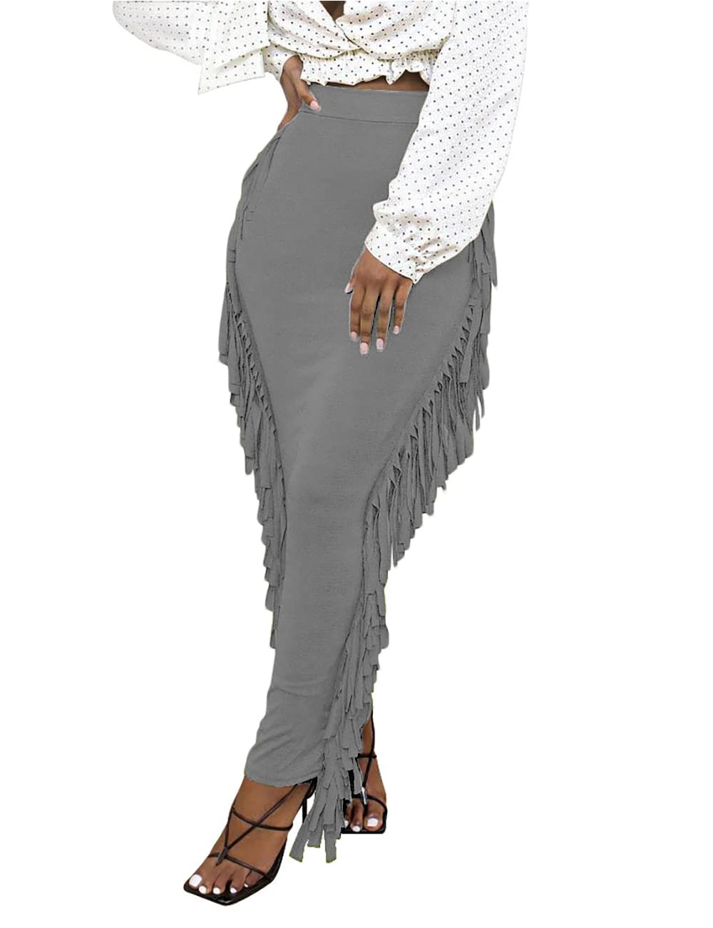 Lrady Women Fringe High Waist Bodycon Side Tassels Pencil Maxi Skirt Casual Party Club Long Skirts Black XXL
