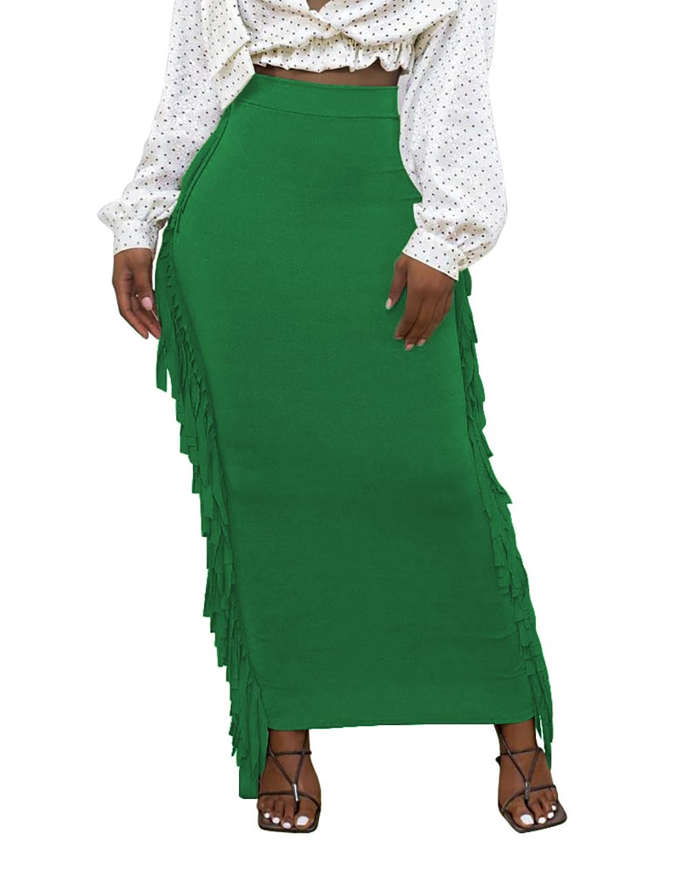 Lrady Women Fringe High Waist Bodycon Side Tassels Pencil Maxi Skirt Casual Party Club Long Skirts Black XXL