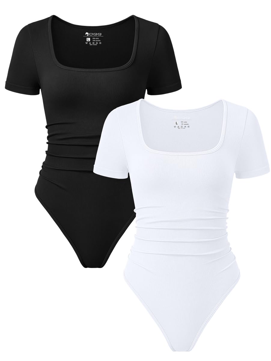 OQQ Women 2 Piece Bodysuits Sexy Ribbed Rueched Stretch Short Sleeve Square Neck Basic Shirts Bodysuits Black Tea leaf