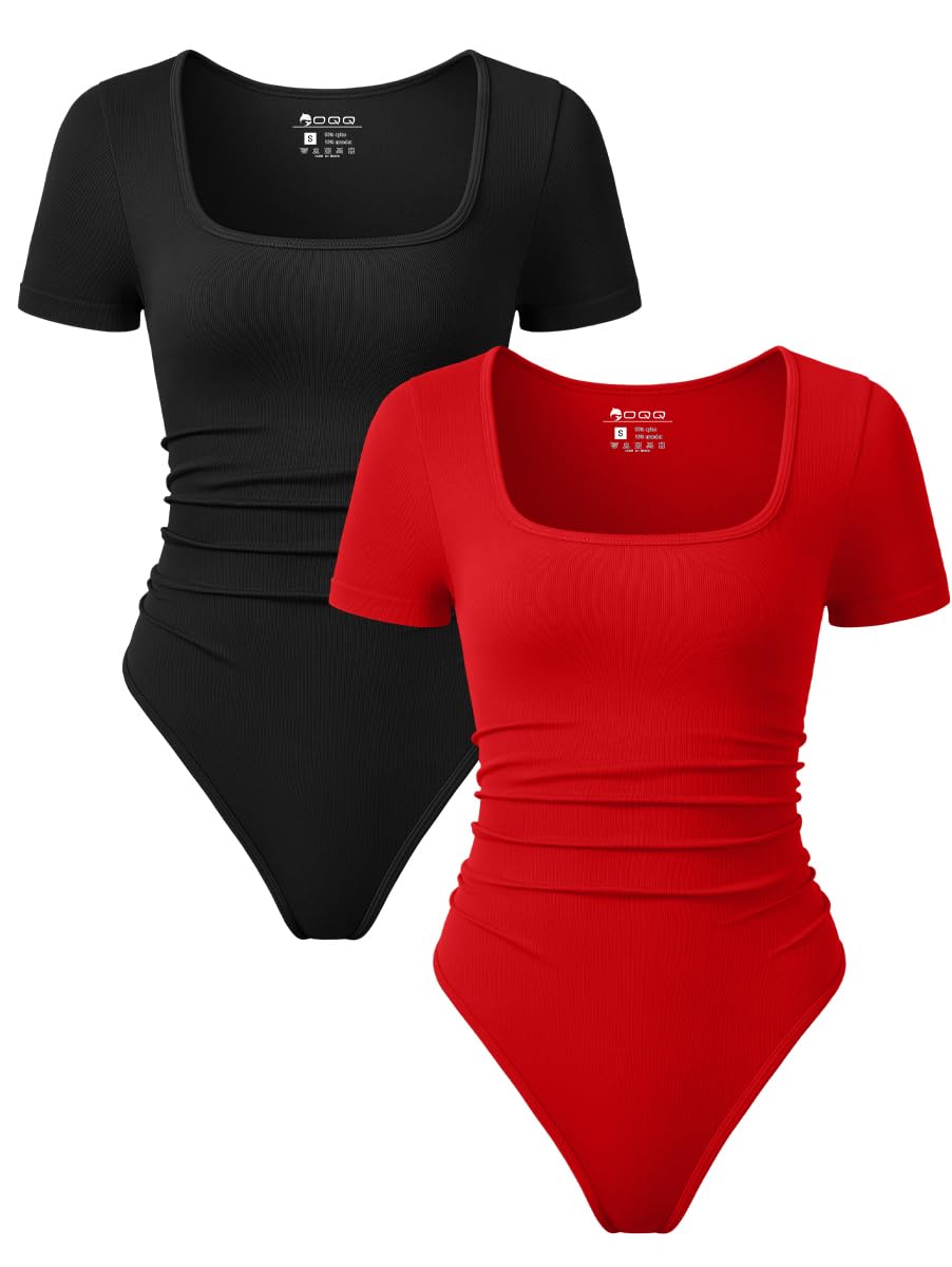 OQQ Women 2 Piece Bodysuits Sexy Ribbed Rueched Stretch Short Sleeve Square Neck Basic Shirts Bodysuits Black Tea leaf