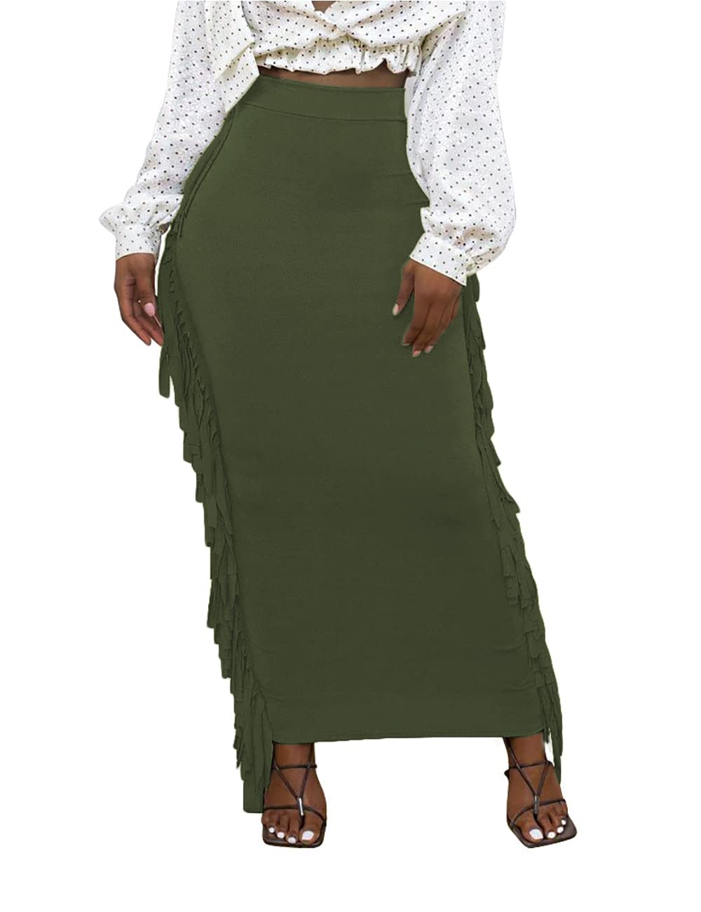 Lrady Women Fringe High Waist Bodycon Side Tassels Pencil Maxi Skirt Casual Party Club Long Skirts Black XXL