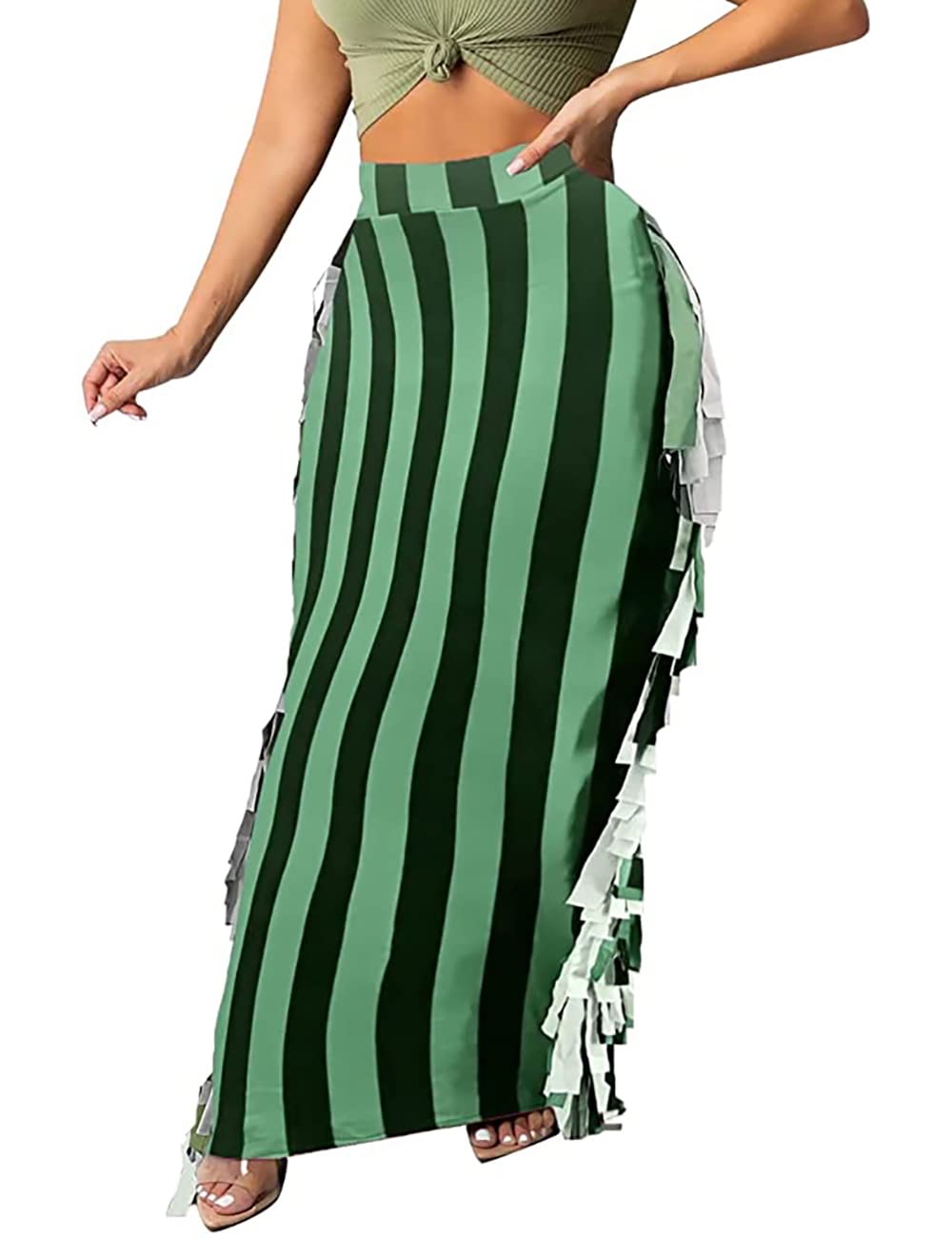 Lrady Women Fringe High Waist Bodycon Side Tassels Pencil Maxi Skirt Casual Party Club Long Skirts Black XXL