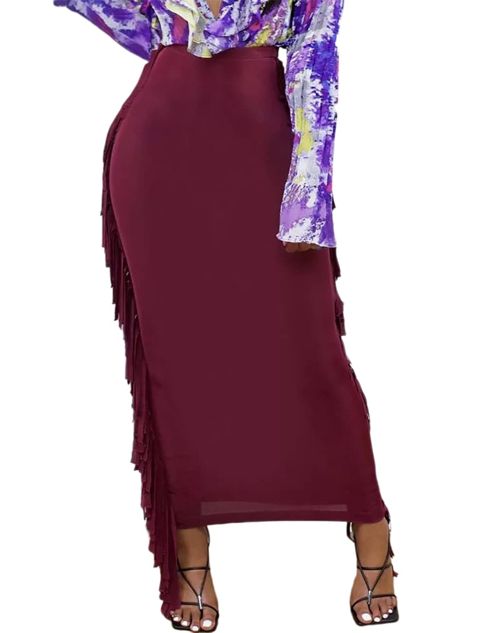 Lrady Women Fringe High Waist Bodycon Side Tassels Pencil Maxi Skirt Casual Party Club Long Skirts Black XXL