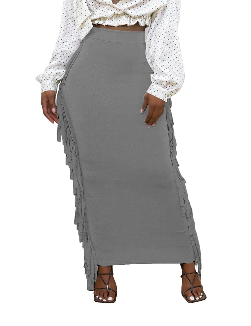 Lrady Women Fringe High Waist Bodycon Side Tassels Pencil Maxi Skirt Casual Party Club Long Skirts Black XXL