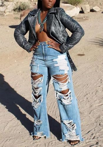 SHINFY Women's Ripped Jeans Distressed Cutout High Waisted Baggy Straight Wide Leg Y2K Denim Pants Light Blue