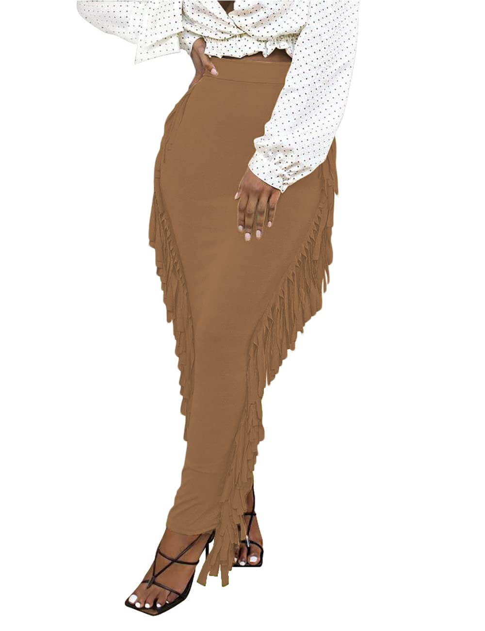 Lrady Women Fringe High Waist Bodycon Side Tassels Pencil Maxi Skirt Casual Party Club Long Skirts Black XXL