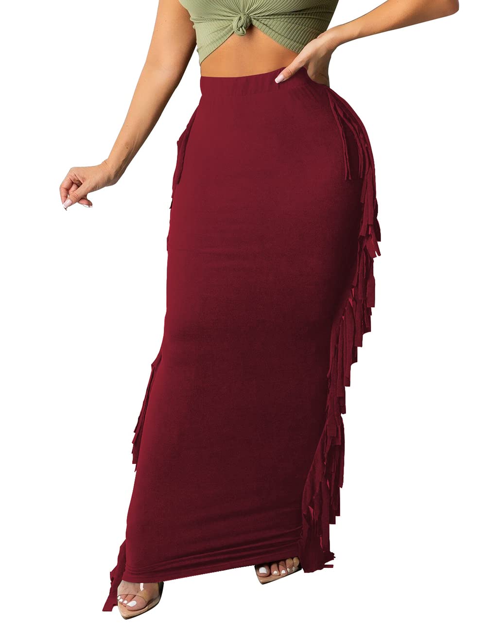 Lrady Women Fringe High Waist Bodycon Side Tassels Pencil Maxi Skirt Casual Party Club Long Skirts Black XXL