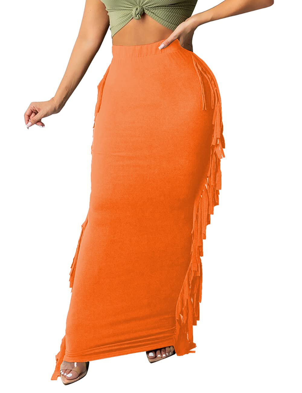 Lrady Women Fringe High Waist Bodycon Side Tassels Pencil Maxi Skirt Casual Party Club Long Skirts Black XXL