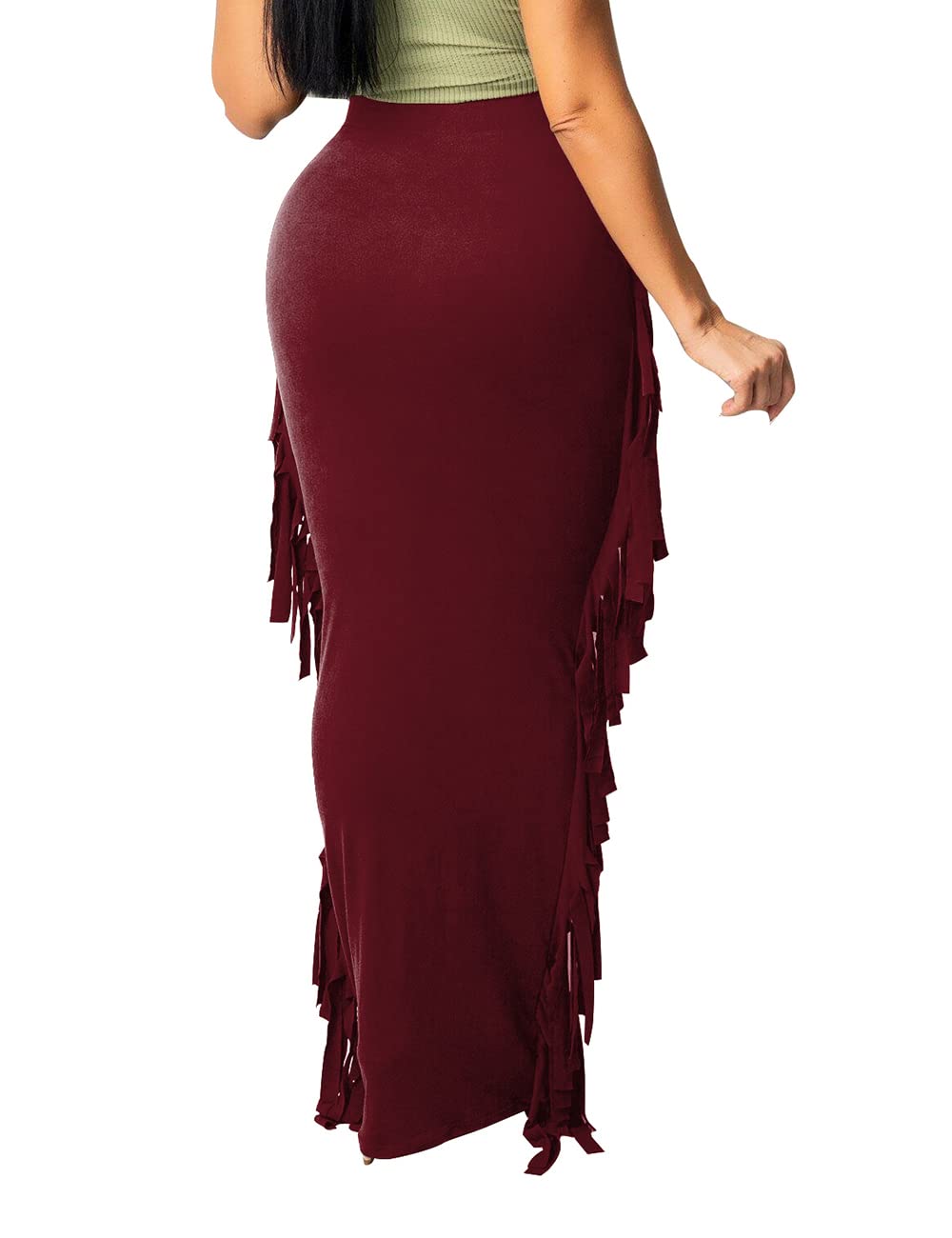 Lrady Women Fringe High Waist Bodycon Side Tassels Pencil Maxi Skirt Casual Party Club Long Skirts Black XXL