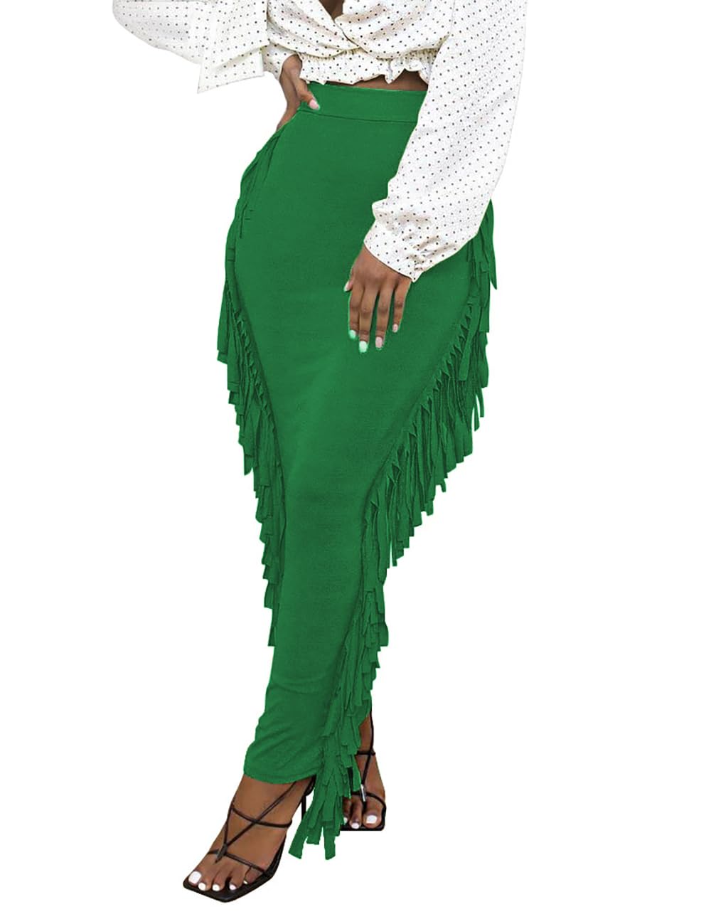 Lrady Women Fringe High Waist Bodycon Side Tassels Pencil Maxi Skirt Casual Party Club Long Skirts Black XXL